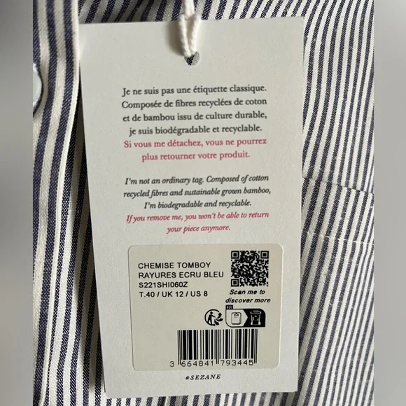 Sezane Tomboy Shirt | NWT | Ecru & Blue | Size 8 - Picture 5 of 7